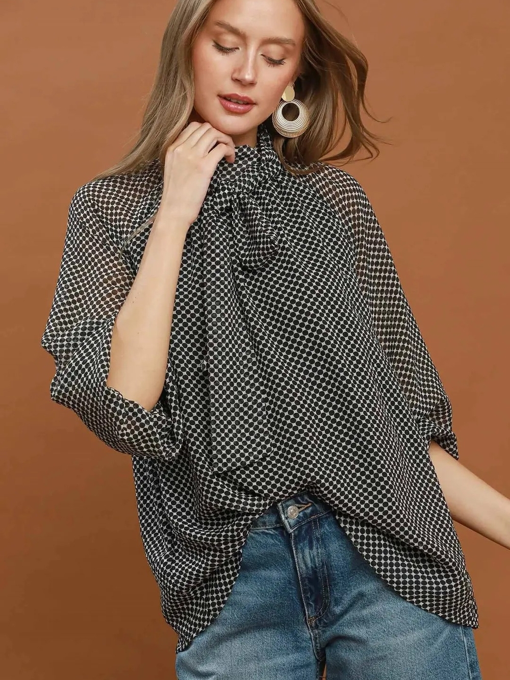 Women's Black & White Geometric Tie-Neck Blouse - Picture 3 of 6